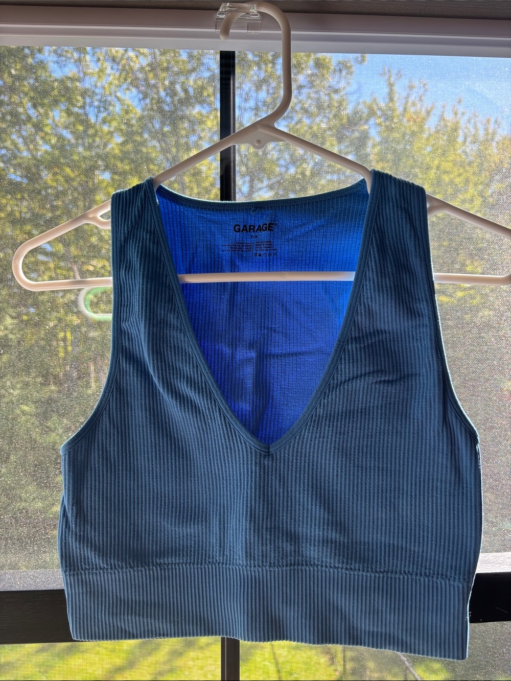 Garage Ribbed Deep V Blue Crop Tank